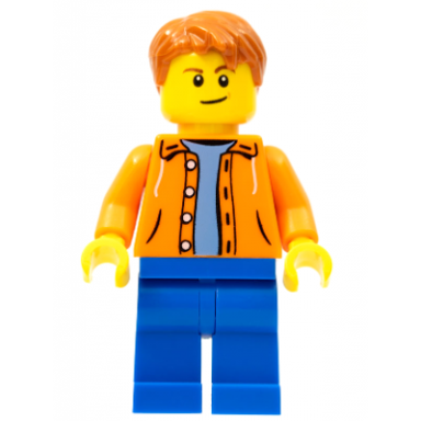 orange jacket with hood over light blue sweater blue legs dark orange short tousled hair crooked smile with brown dimple
