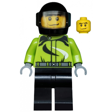 monster truck driver racing suit with black and white swirls black helmet with trans-brown visor crooked smile
