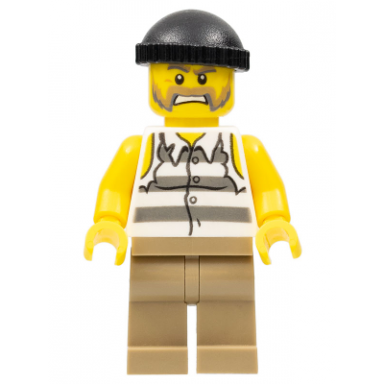 police - jail prisoner shirt with prison stripes and torn out sleeves dark tan legs black knit cap