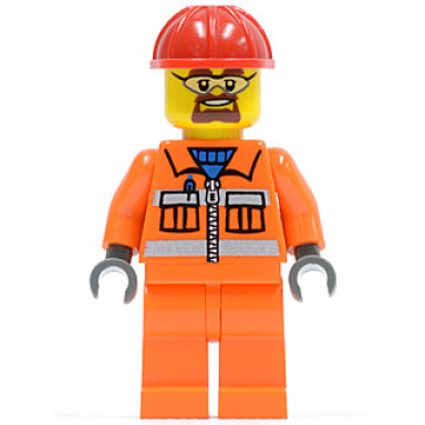 construction worker - orange zipper safety stripes orange arms orange legs red construction helmet beard and safety goggles