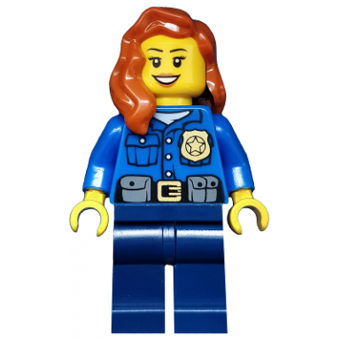 police - city officer gold badge dark orange female hair over shoulder