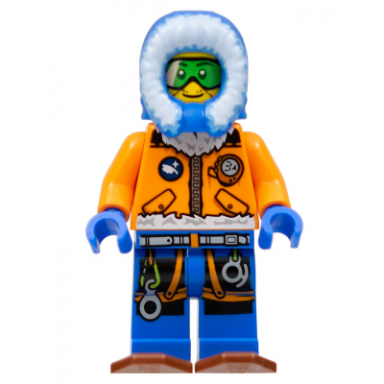 arctic explorer male with green goggles and snowshoes