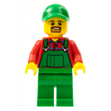 overalls farmer green green cap with hole brown moustache and goatee