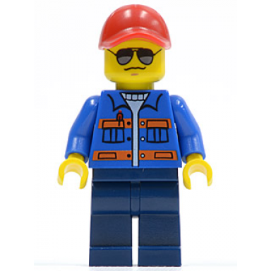 blue jacket with pockets and orange stripes dark blue legs red cap with hole sunglasses no back print
