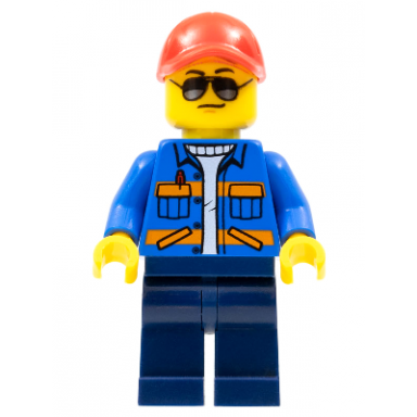 blue jacket with diagonal lower pockets and orange stripes dark blue legs red cap with hole sunglasses with back print