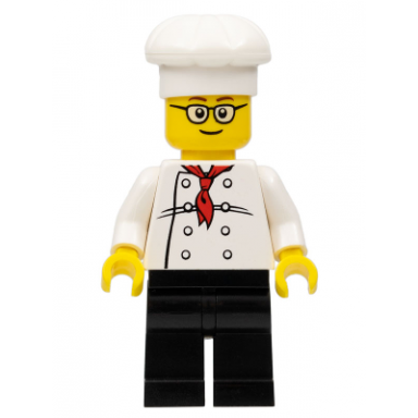 chef - white torso with 8 buttons black legs rounded glasses brown eyebrows
