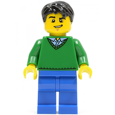 green v-neck sweater blue legs black short tousled hair lopsided grin