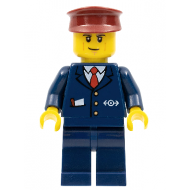 dark blue suit with train logo dark blue legs dark red hat cheek lines