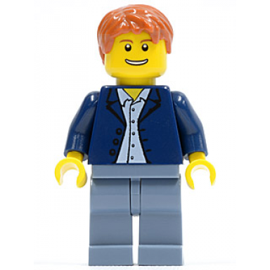 dark blue jacket light blue shirt sand blue legs dark orange short tousled hair