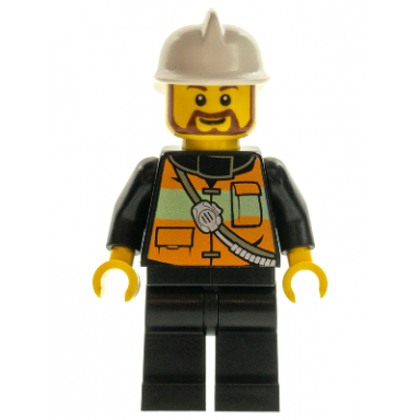 fire - reflective stripe vest with pockets and shoulder strap white fire helmet brown beard
