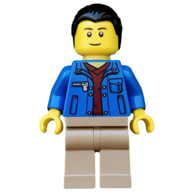 blue jacket over dark red v-neck sweater dark tan legs