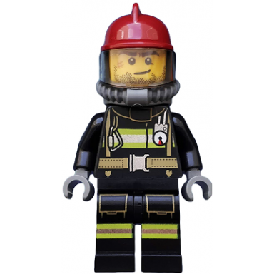 fire - reflective stripes with utility belt dark red fire helmet breathing neck gear with air tanks crooked smile and scar