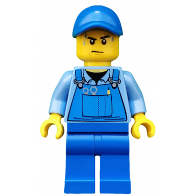 overalls with tools in pocket blue blue cap with hole sweat drops