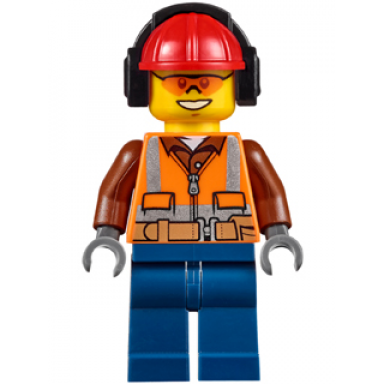 construction worker - male orange safety vest reflective stripes reddish brown shirt dark blue legs red construction helmet with black ear protectors headphones safety glasses