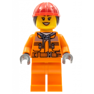 construction worker - female orange safety jacket reflective stripe sand blue hoodie orange legs red construction helmet with dark brown ponytail hair peach lips