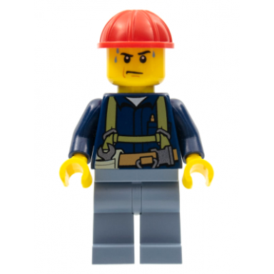 construction worker - shirt with harness and wrench sand blue legs red construction helmet sweat drops