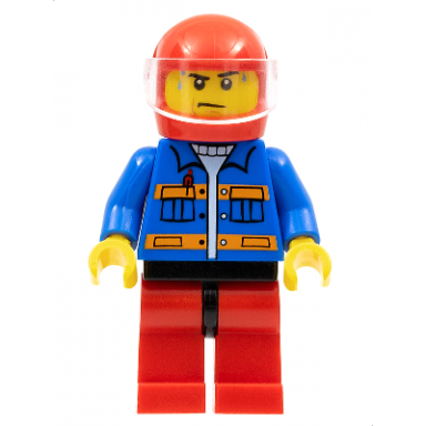 blue jacket with pockets and orange stripes red legs with black hips sweat drops