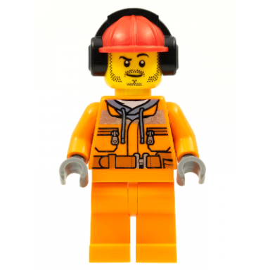 construction worker - male orange safety jacket reflective stripe sand blue hoodie orange legs red construction helmet with black ear protectors headphones stubble