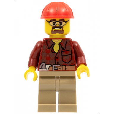 flannel shirt with pocket and belt dark tan legs red construction helmet safety goggles