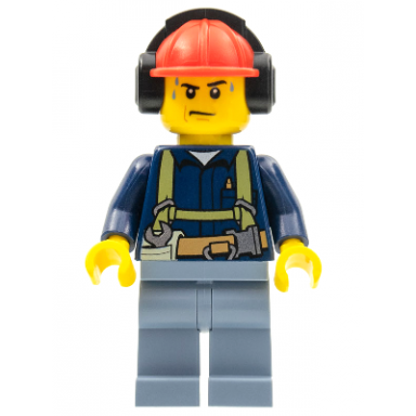 construction worker - male shirt with harness and wrench sand blue legs red construction helmet with black ear protectors headphones sweat drops