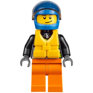 xtreme powerboat driver male brown dimple black racing jacket orange legs blue standard helmet yellow life jacket