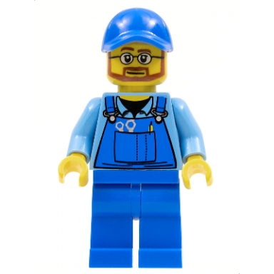 overalls with tools in pocket blue blue cap with hole beard and glasses