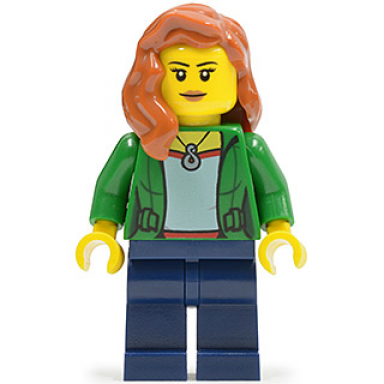 green female jacket open with necklace dark blue legs dark orange female hair over shoulder