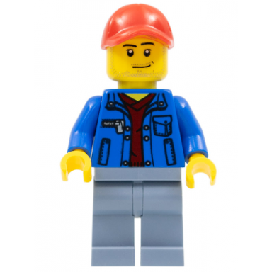 blue jacket over dark red v-neck sweater sand blue legs red cap with hole smirk and stubble beard