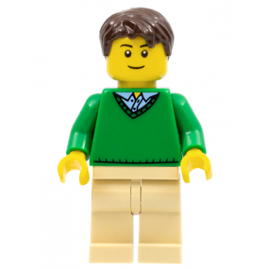 green v-neck sweater tan legs dark brown short tousled hair thin grin