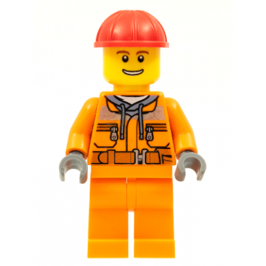 construction worker - male orange safety jacket reflective stripe sand blue hoodie orange legs red construction helmet thin grin with teeth