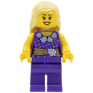 female dark purple blouse with gold sash and flowers dark purple legs bright light yellow female hair mid-length