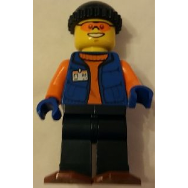 arctic research assistant with snowshoes dark blue legs and knit cap