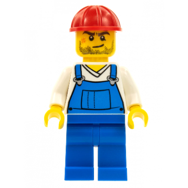 overalls blue over v-neck shirt blue legs red construction helmet crooked smile and scar