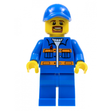blue jacket with pockets and orange stripes blue legs blue cap with hole brown moustache and goatee
