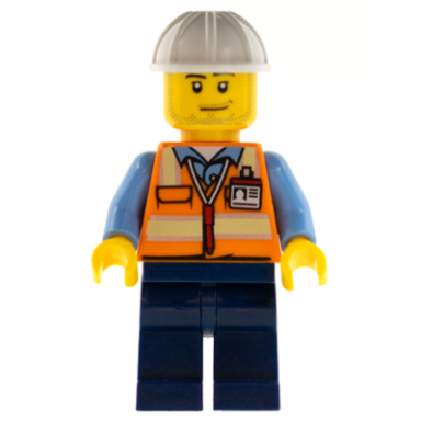 space engineer male orange vest dark blue legs white construction helmet stubble