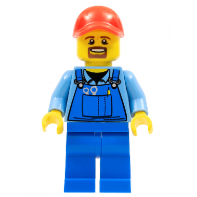 overalls with tools in pocket blue red cap with hole brown moustache and goatee
