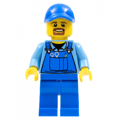 overalls with tools in pocket blue blue cap with hole brown moustache and goatee