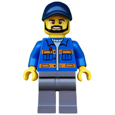 blue jacket with pockets and orange stripes dark bluish gray legs dark blue cap with hole black beard