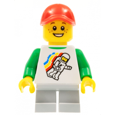 classic space minifigure floating pattern light bluish gray short legs red cap with hole