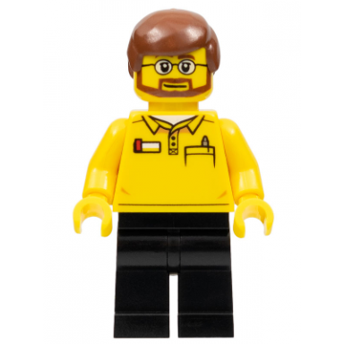 lego store employee black legs beard and glasses