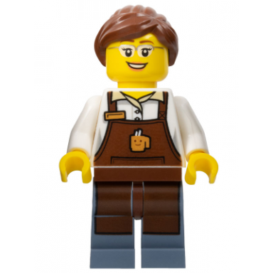 city square barista - reddish brown apron with cup reddish brown ponytail and swept sideways fringe glasses and smile
