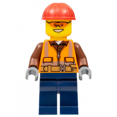 construction worker - male orange safety vest reflective stripes reddish brown shirt dark blue legs red construction helmet orange safety glasses