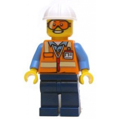 space engineer male orange vest dark blue legs white construction helmet goggles