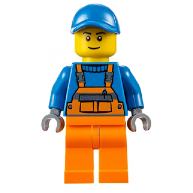 overalls with safety stripe orange orange legs blue short bill cap thin grin