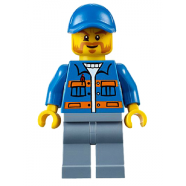 blue jacket with pockets and orange stripes sand blue legs blue short bill cap beard