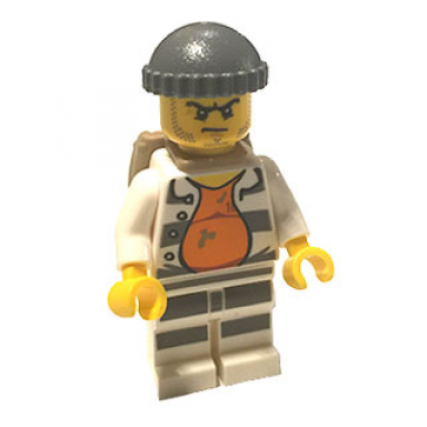 police - jail prisoner 18675 open shirt striped legs gray knit cap backpack