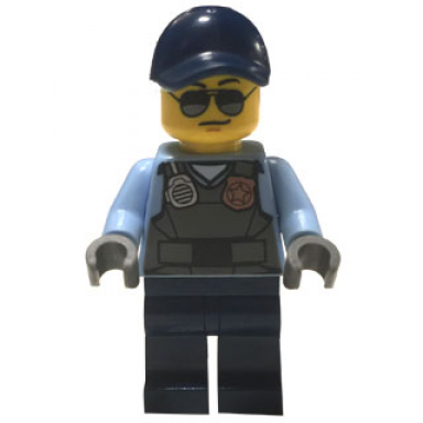 police - city officer sunglasses gray vest with radio and gold badge dark blue legs dark blue cap
