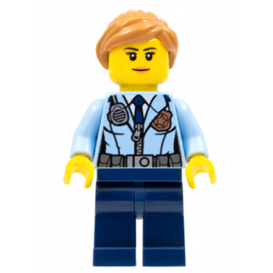 police - city officer female jacket with dark blue tie radio and gold badge dark blue legs medium nougat ponytail and swept sideways fringe