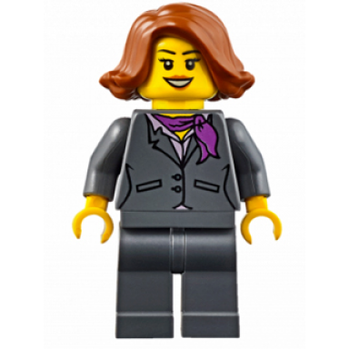 dark bluish gray jacket with magenta scarf dark bluish gray legs dark orange female hair short swept sideways ferry passenger