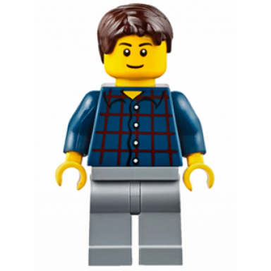 plaid button shirt light bluish gray legs dark brown short tousled hair